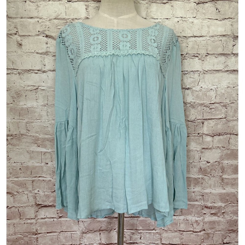 She & Sky Womens L Aqua Blue Lace Up Crochet Boho Peasant Blouse Bell Sleeve NEW